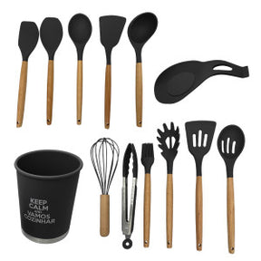 Kit Utensílios de Cozinha Silicone 13pçs - Preto