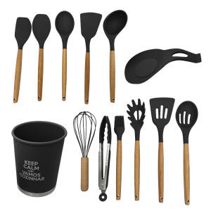 Kit Utensílios de Cozinha Silicone 13pçs - Preto