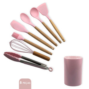 Conjunto de Utensilios Silicone 8 Peças - Rosa