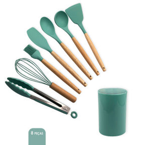 Conjunto de Utensilios Silicone 8 Peças - Verde Escuro