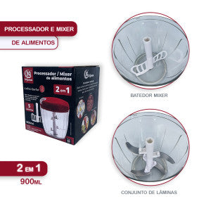 Processador Alimento Manual Grande 5 Lâminas Inox 900ml 2 em 1