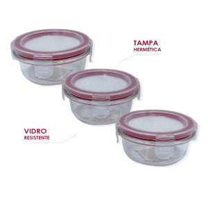 Conjunto 3 Potes De Vidro Com Tampa Hermética Redondo 150ml