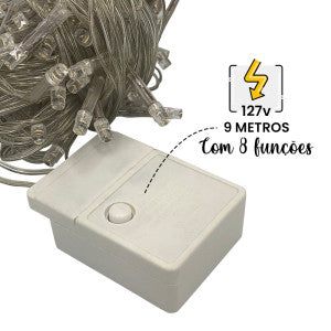 Varal LED 100 Luzes Pisca-Pisca Fio com 8 Funções 127v - Branco Quente