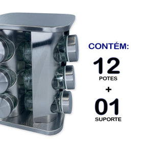 Porta Tempero e Condimentos Giratório Inox 12 Potes