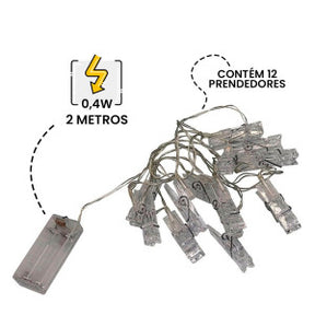 Pisca Pisca Prendedor com 12 Prendedores de LED 2 Metros - Branco Quente à Pilha