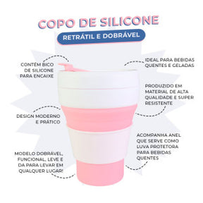 Copo Silicone Retrátil Dobrável C/ Tampa Reutilizável 350ml