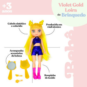 Boneca Violet Gold Loira 30cm com Acessórios como Pente Espelho e Prendedores de Cabelo